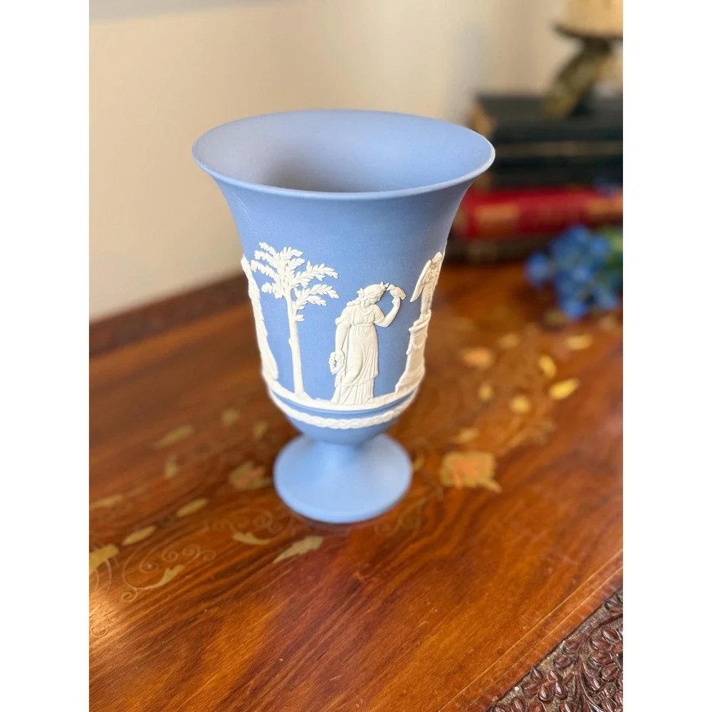 Vintage 1978 Wedgwood Jasperware Vase • Blue White Neoclassical Pedestal Urn